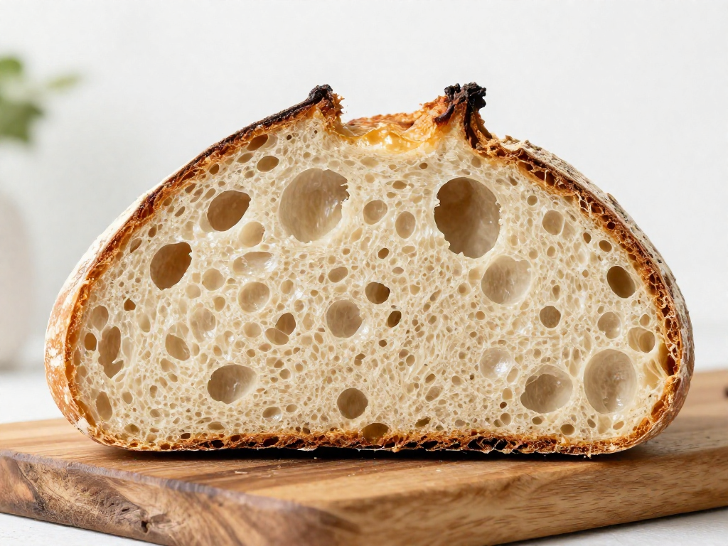 Sliced sourdough loaf showing an open airy crumb from cold retarding