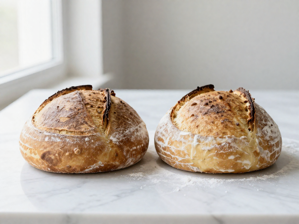 Side-by-side comparison of 65 percent and 75 percent hydration sourdough dough showing texture differences