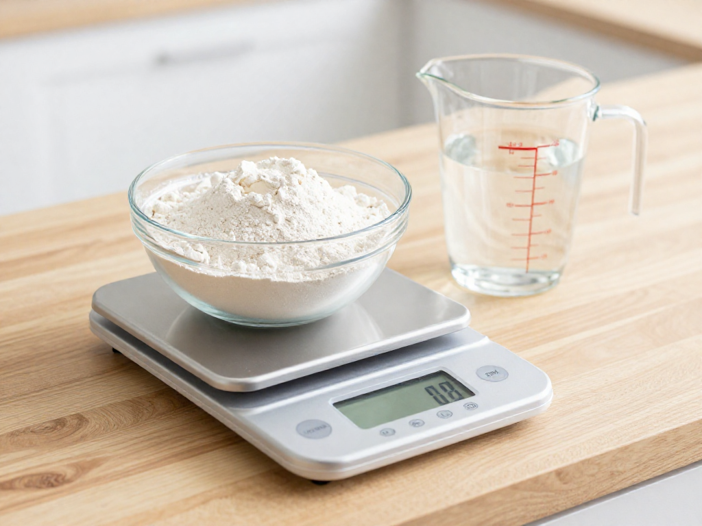 Digital kitchen scale weighing flour and water to calculate sourdough hydration percentage
