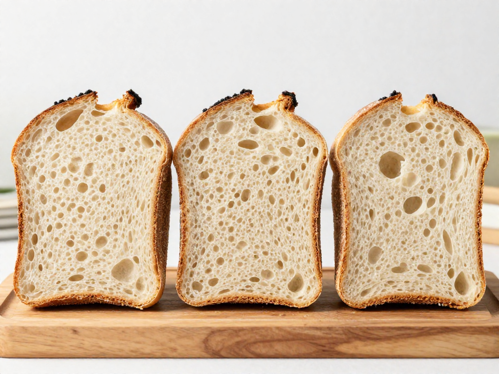 Three sourdough loaf cross-sections comparing crumb structure across different hydration levels