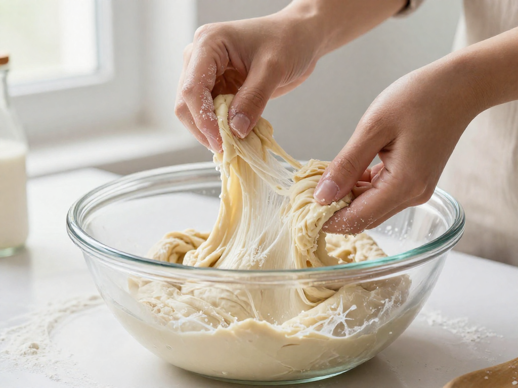 Wet hands handling sticky high-hydration sourdough dough in a glass bowl