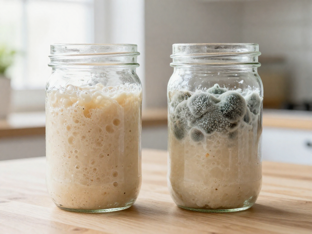 A healthy bubbly sourdough starter beside a moldy spoiled starter in glass jars