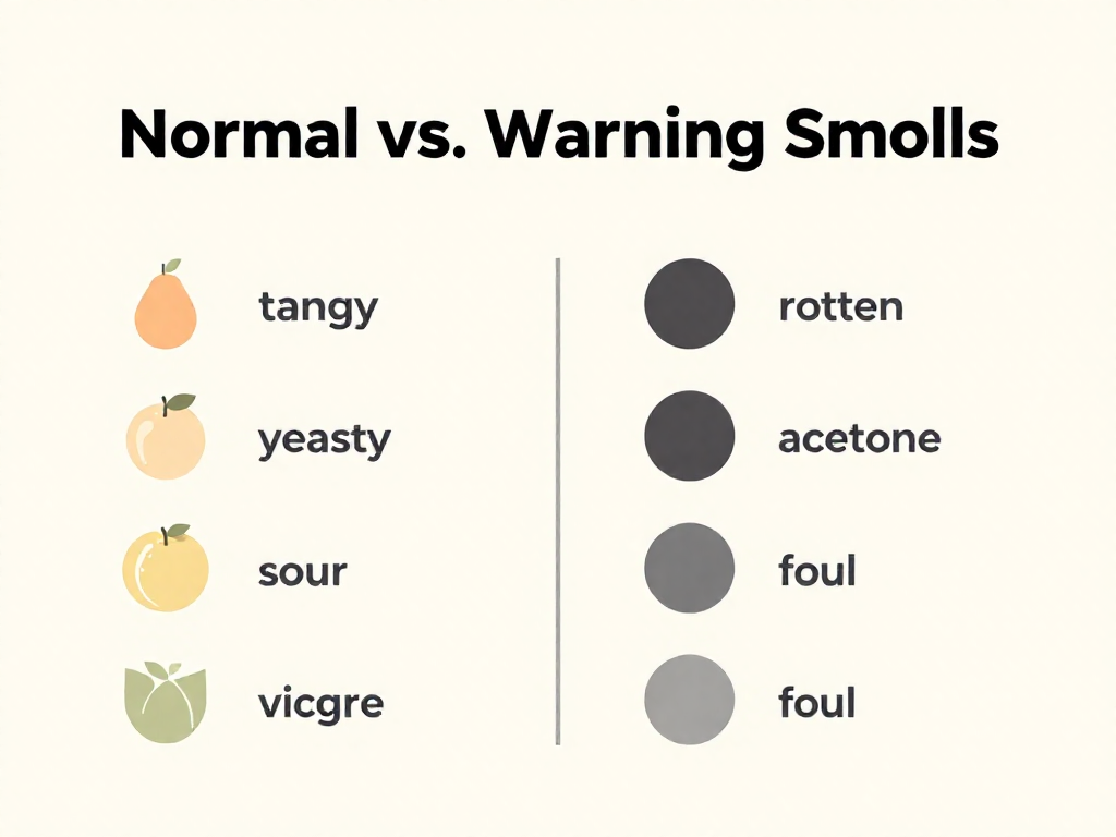 Infographic comparing normal sourdough starter smells versus warning smells