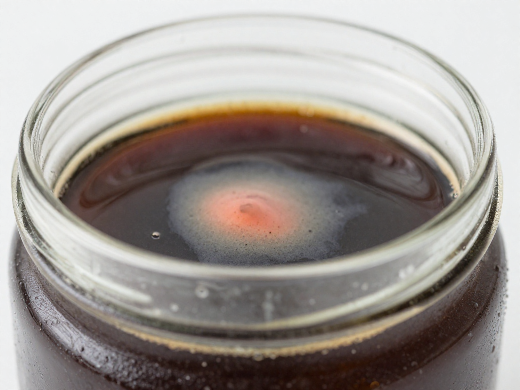 Close-up of hooch liquid and pink-orange discoloration on a sourdough starter