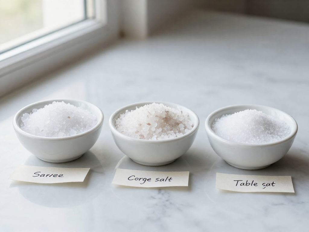 Three small white bowls of fine sea salt, kosher salt, and table salt side by side on a marble counter