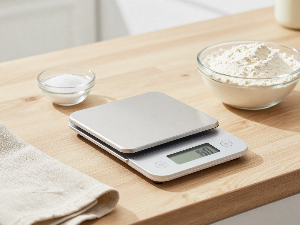 A digital kitchen scale weighing salt next to a bowl of bread flour