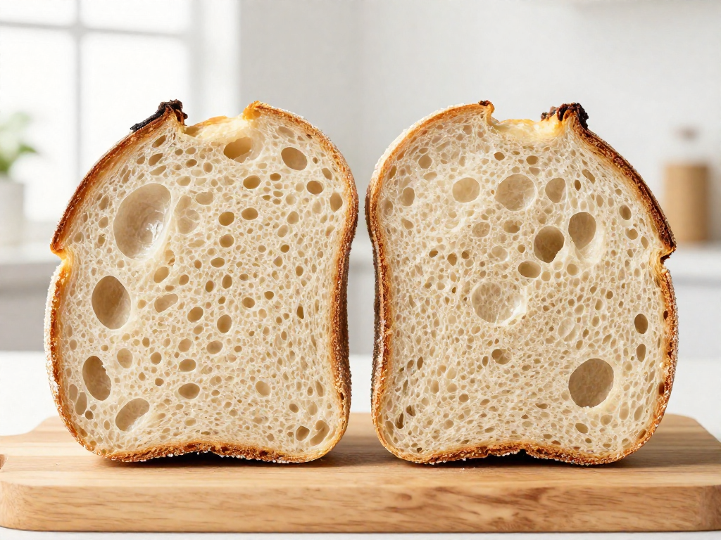 Two halved sourdough loaves compared: an airy salted crumb versus a dense unsalted crumb