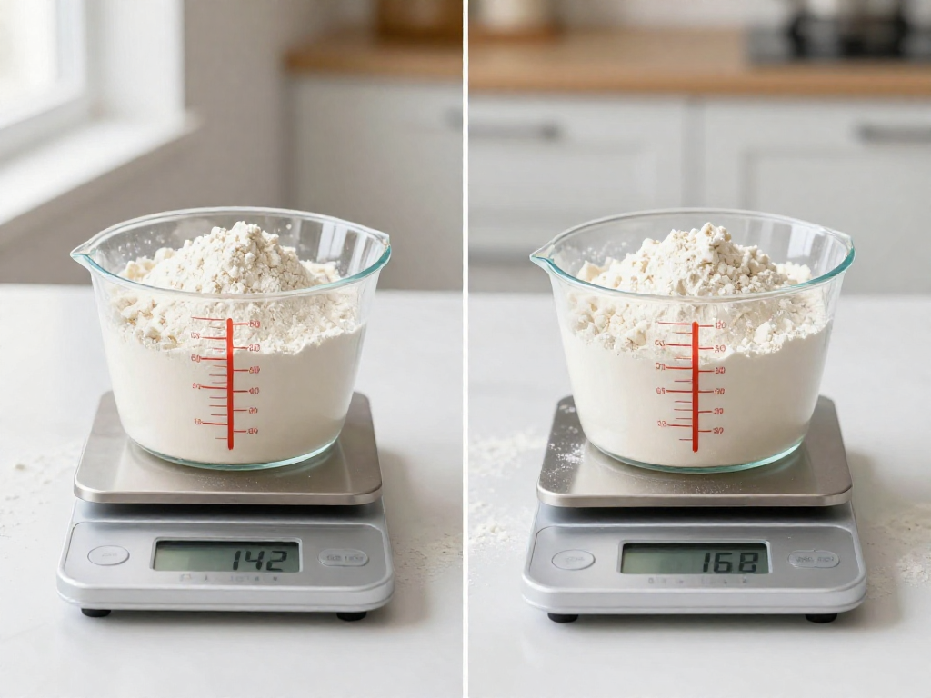 Two identical cups of flour on separate kitchen scales showing different gram weights side by side