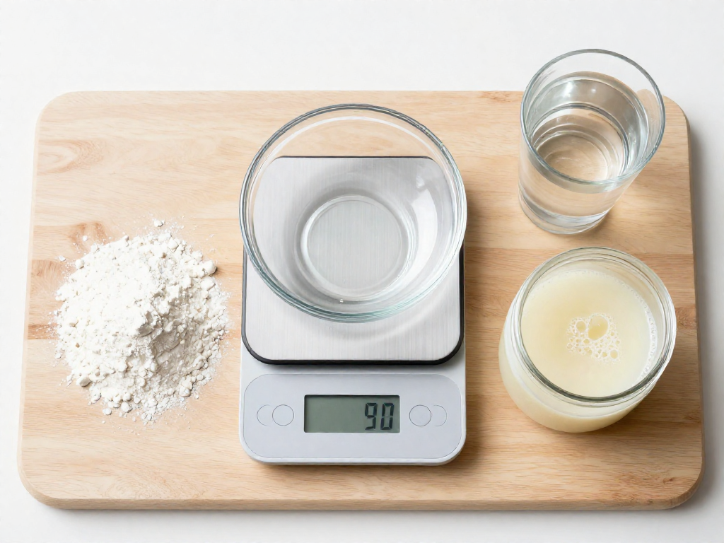 Overhead flat-lay of a digital kitchen scale with flour, water, and sourdough starter