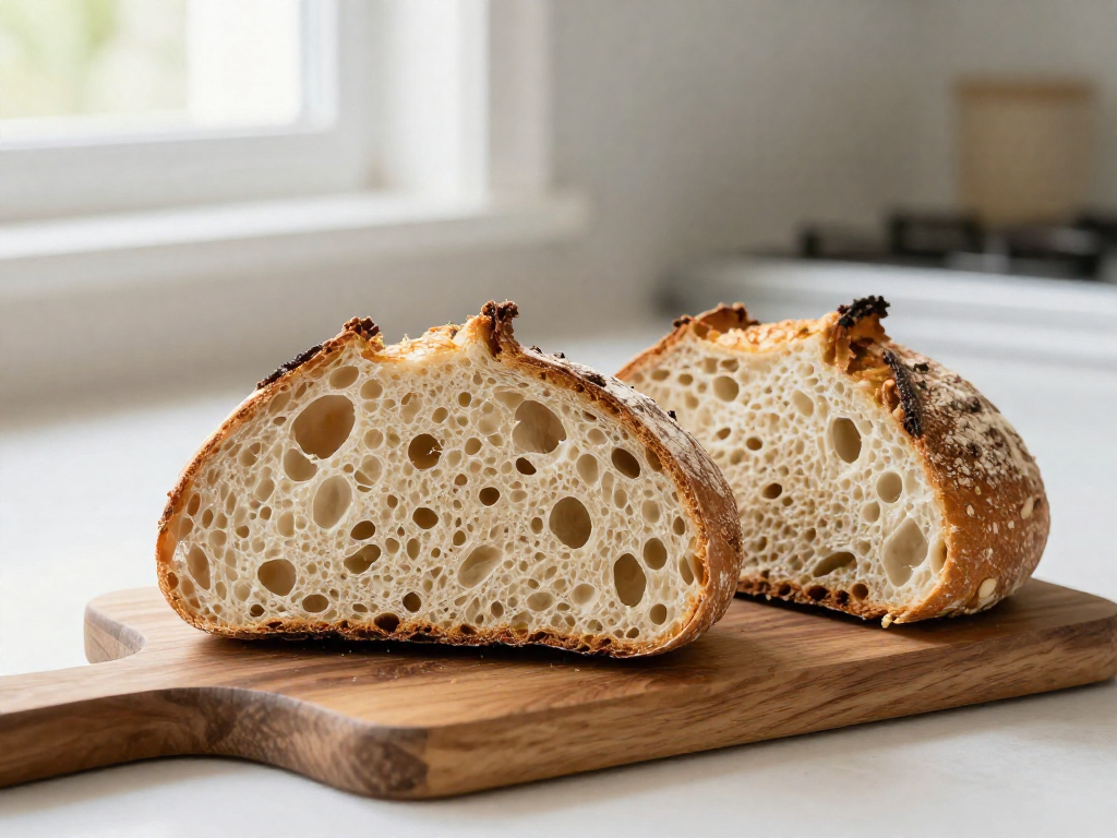 A dense gummy sourdough slice next to an open, airy crumb sourdough slice for comparison
