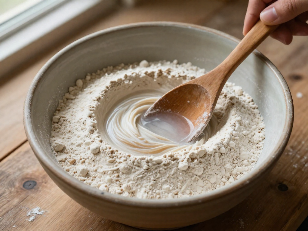 A ceramic bowl containing a half-mixed mixture of rye flour and water on a wooden surface.