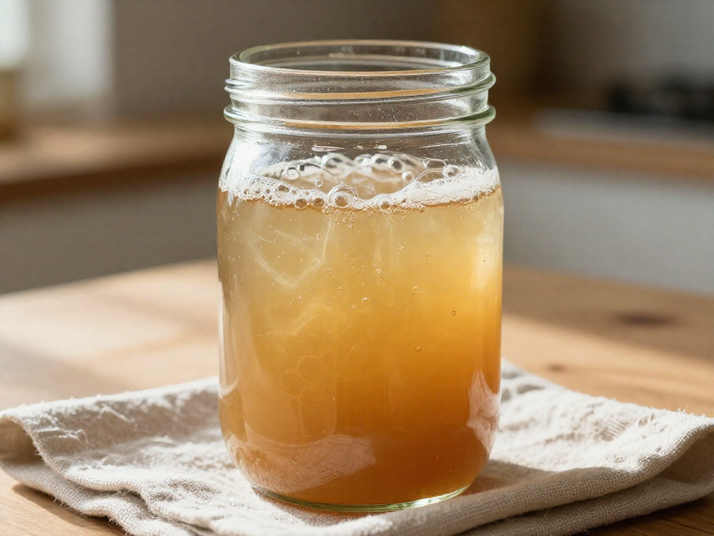 Glass jar with bubbly, risen rye sourdough starter on a kitchen counter.