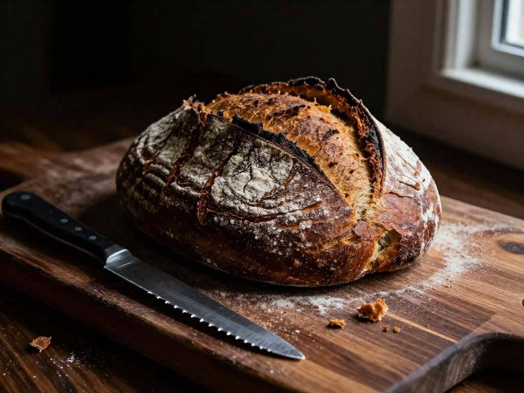 A crusty artisan bread loaf with a dark brown crust, sliced slightly to reveal the airy crumb, on a wooden board with a knife.
