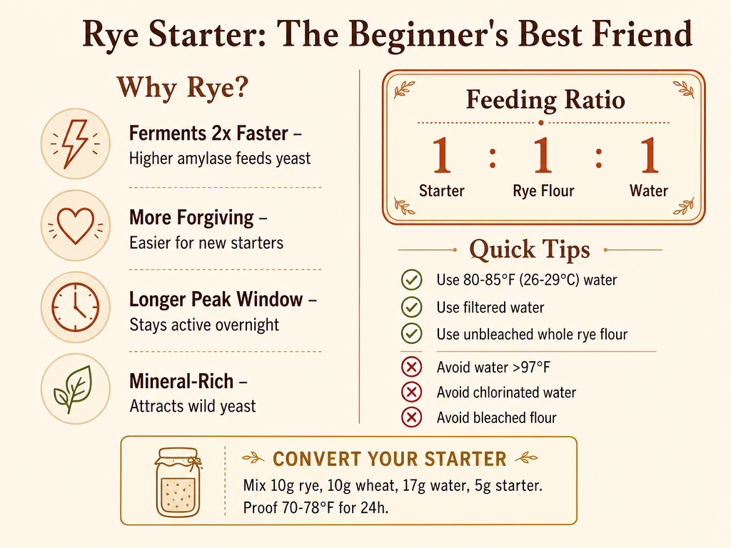 Infographic titled 'Rye Starter: The Beginner's Best Friend' summarizing why rye flour is great for sourdough beginners. It shows that rye ferments twice as fast, is more forgiving, has a longer peak window, and is mineral-rich. Feeding ratio is 1:1:1 starter to rye flour to water. Tips include using 80-85°F water, filtered water, unbleached whole rye flour, and avoiding high heat, chlorinated water, and bleached flour. A small section shows how to convert a wheat starter to rye using 10g rye, 10g wheat, 17g water, 5g starter, proofed at 70-78°F for 24 hours.