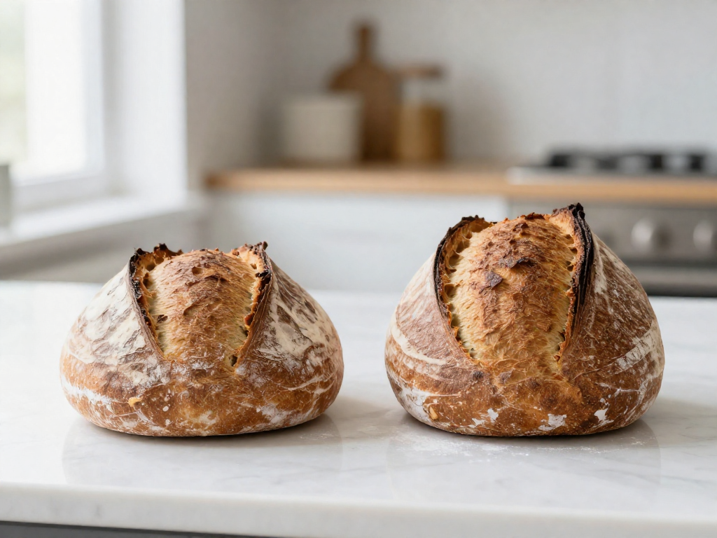 A flat, dense sourdough loaf next to a tall loaf with a dramatic ear on a marble counter