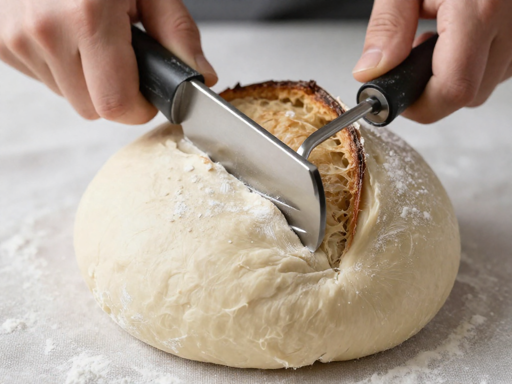 Close-up of a bread lame scoring sourdough dough at a 45-degree angle