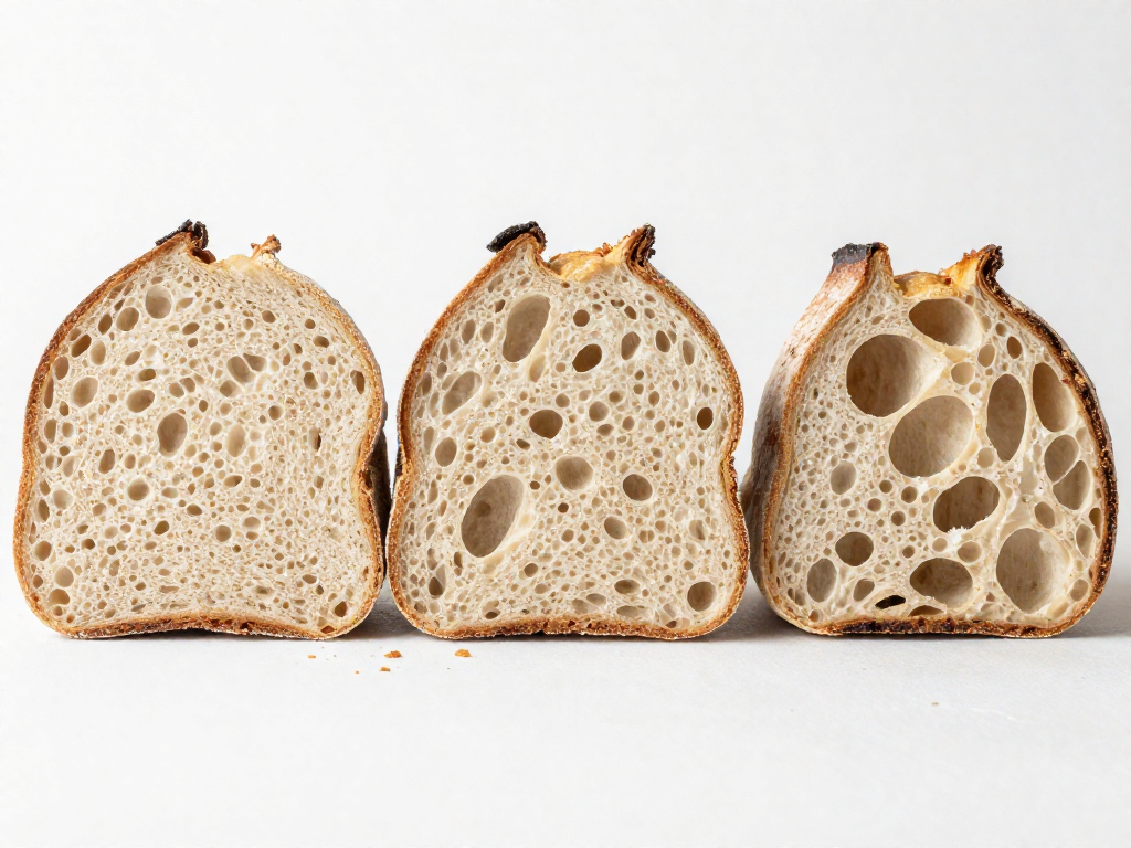 Three sourdough crumb cross-sections comparing under-, properly-, and over-proofed loaves
