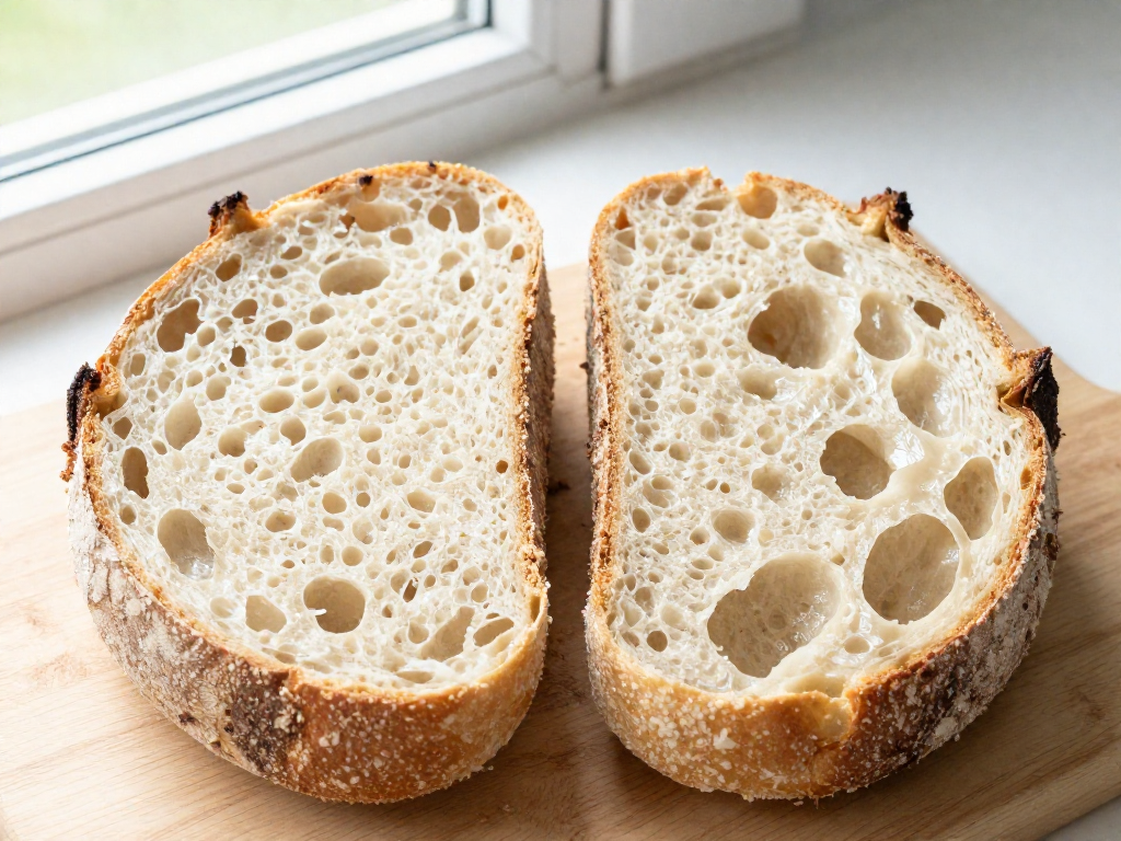 Comparison of a dense tight-crumb sourdough loaf next to an open airy-crumb loaf