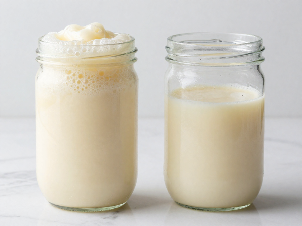Healthy bubbly sourdough starter at peak next to a weak deflated starter