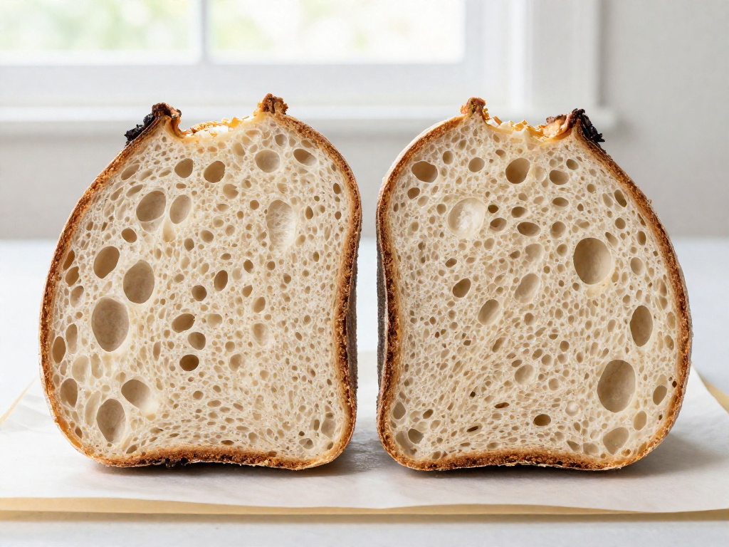 Cross-section comparison of underproofed versus overproofed sourdough crumb