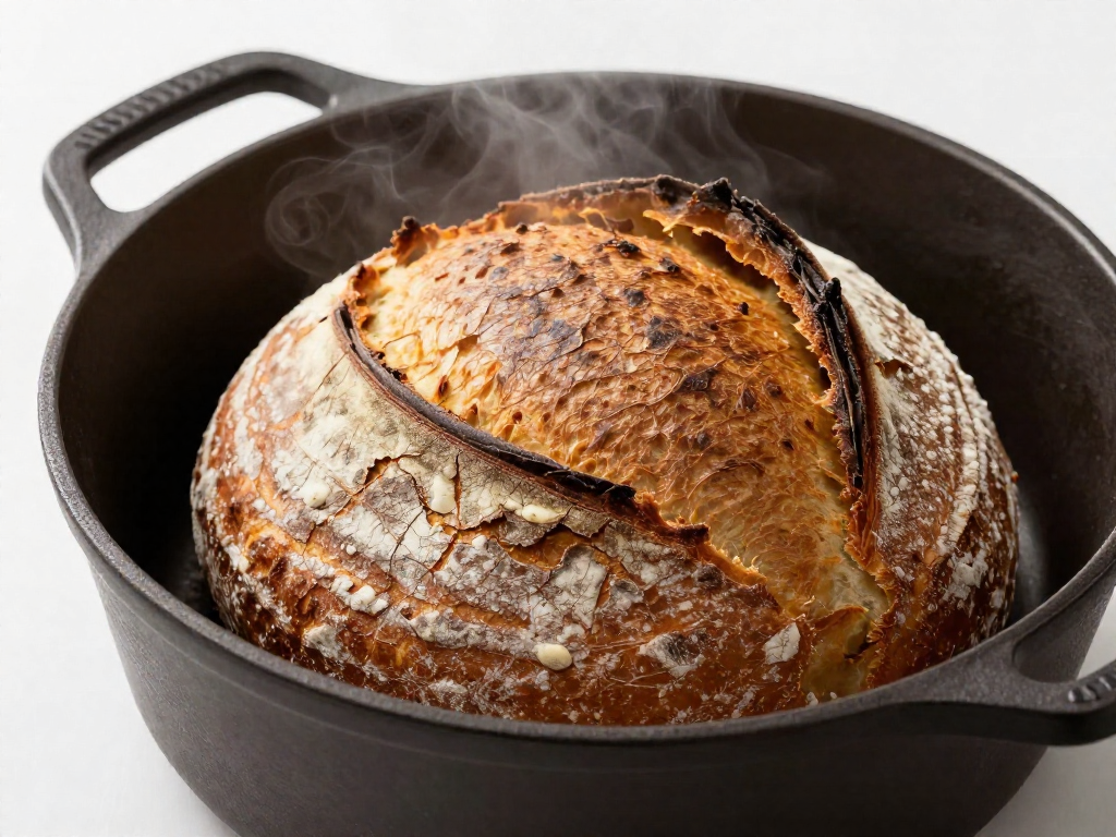 Scored sourdough boule rising with oven spring in a Dutch oven