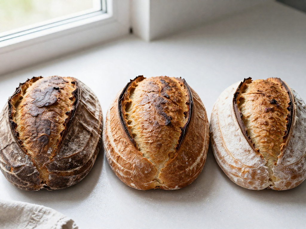 Three sourdough loaves compared: too-hard dark crust, ideal golden crust, and pale under-browned crust