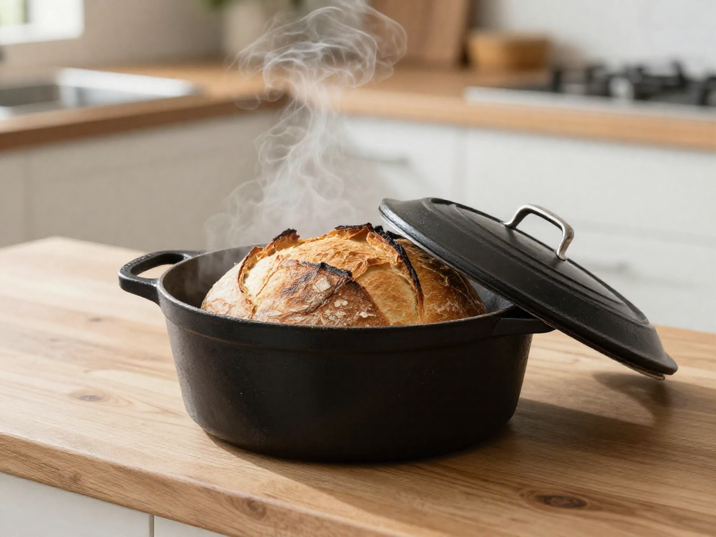 Open Dutch oven with a golden sourdough loaf and lid removed releasing steam mid-bake