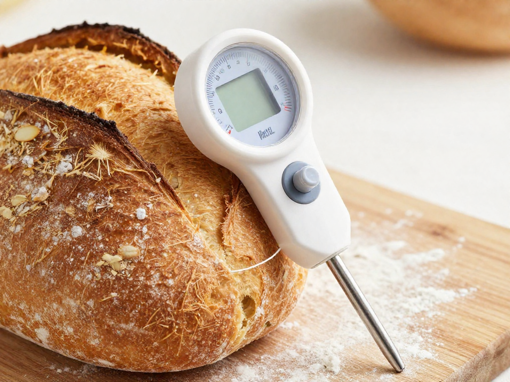 Instant-read thermometer inserted into a golden sourdough loaf to check doneness