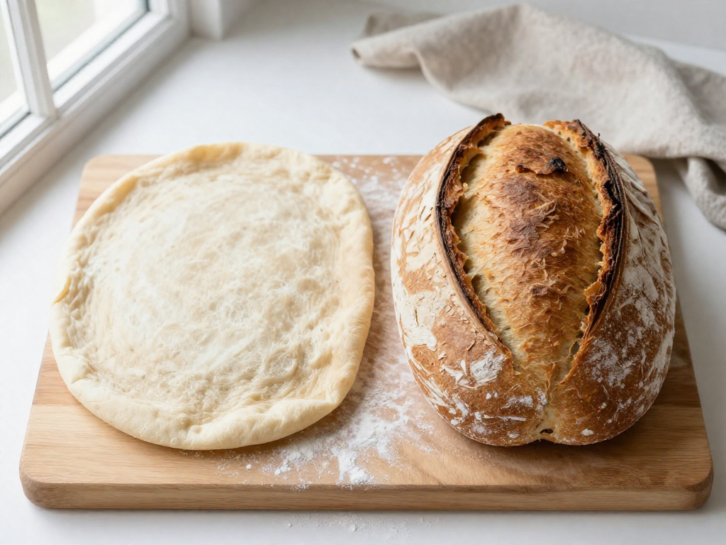 A flat, spread-out sourdough loaf beside a tall, well-risen golden loaf on a floured wooden board