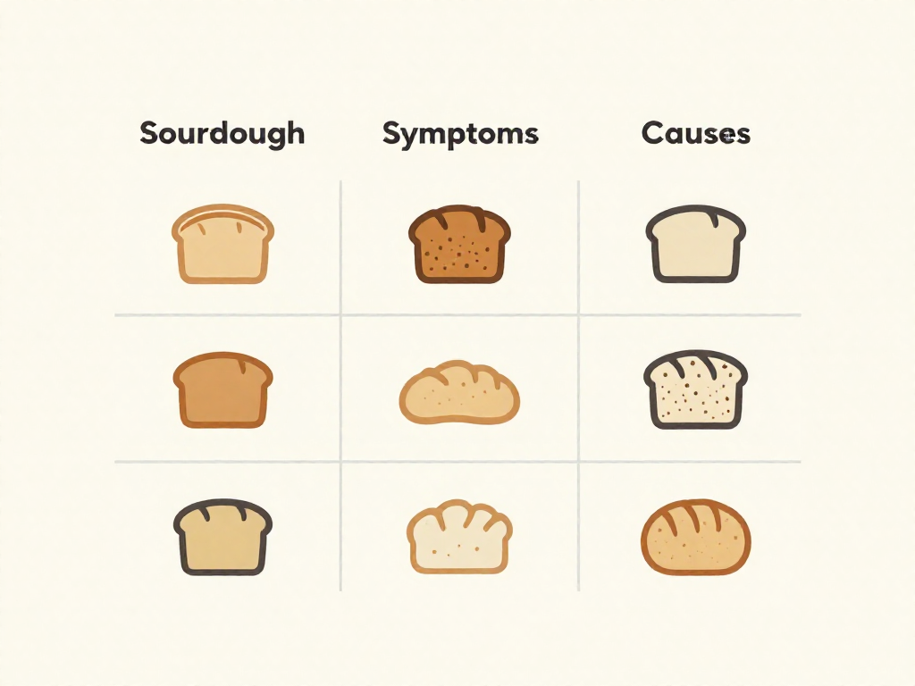 A clean diagnostic chart matching flat sourdough symptoms to their common causes