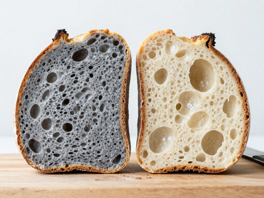 Cross-section comparison of a gummy over-proofed sourdough crumb and an ideal open crumb