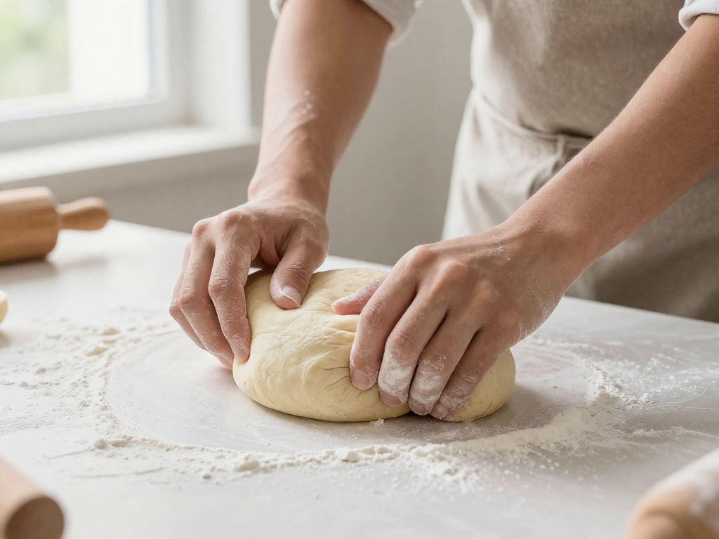 A baker's hands shaping sourdough dough into a taut round to build surface tension