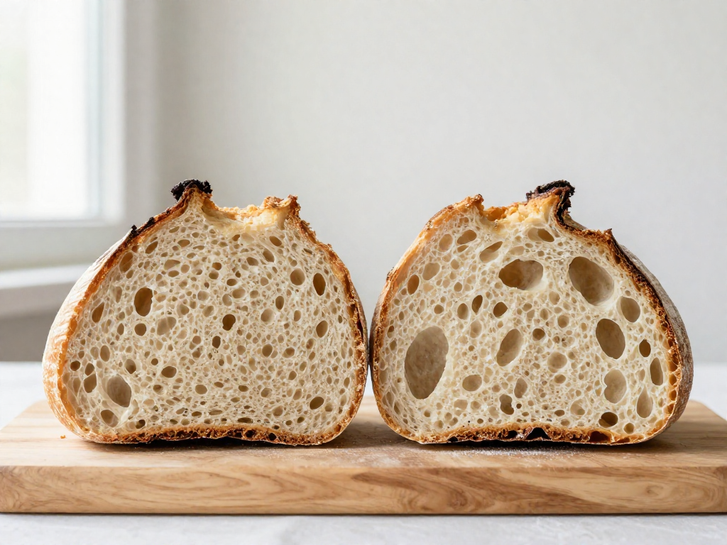 Side-by-side comparison of a gummy dense sourdough crumb versus a light airy properly baked crumb