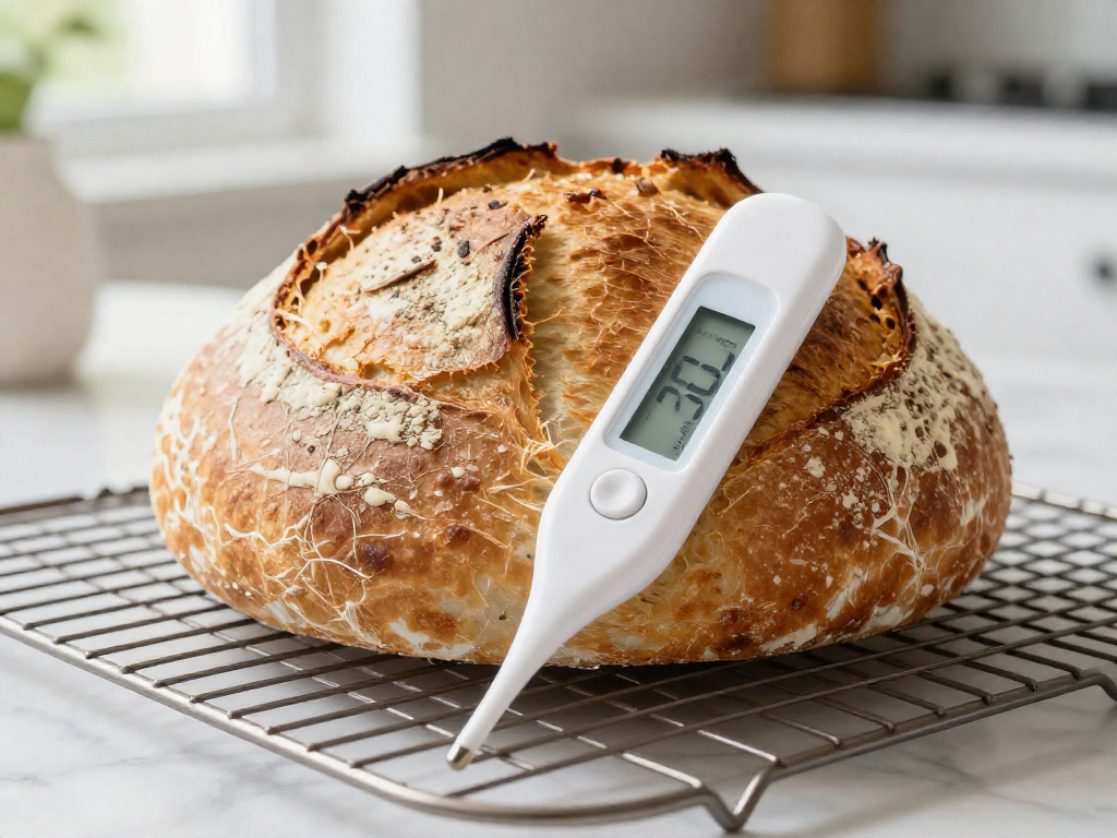 Instant-read thermometer inserted into a sourdough loaf showing 207°F to confirm doneness