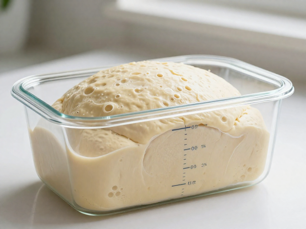 Sourdough dough at about 60 percent rise in a clear marked container showing bulk fermentation progress