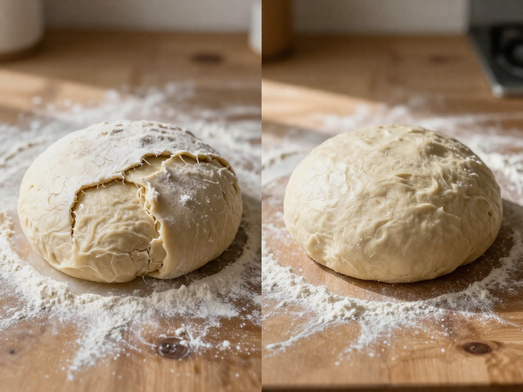 Split photo comparing a slack, sticky sourdough dough on the left with a smooth, elastic dough ball on the right, both on a floured wooden counter.
