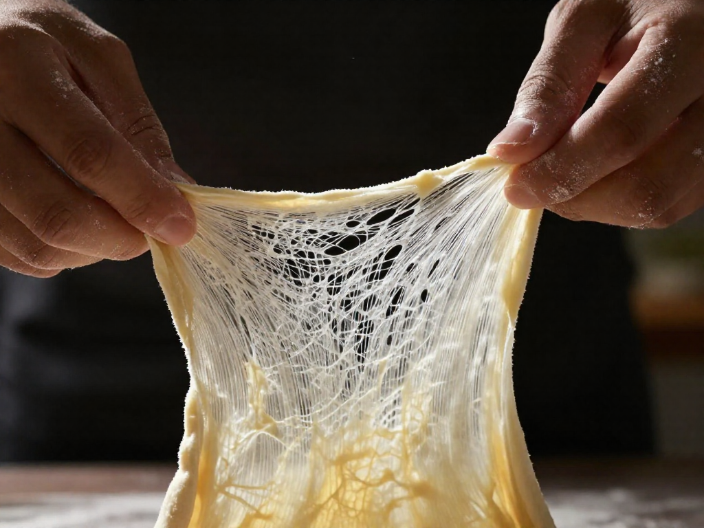 Close-up of two hands stretching a thin, translucent sheet of sourdough dough, lit from behind to reveal the gluten network.