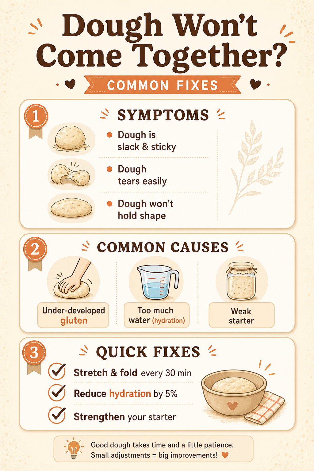 Infographic titled 'Dough Won't Come Together? Common Fixes'. Lists symptoms: dough is slack & sticky, tears easily, won't hold shape. Common causes: under-developed gluten, too much water, weak starter. Quick fixes: stretch & fold every 30 minutes, reduce hydration by 5%, strengthen your starter. Warm, beginner-friendly design with icons.