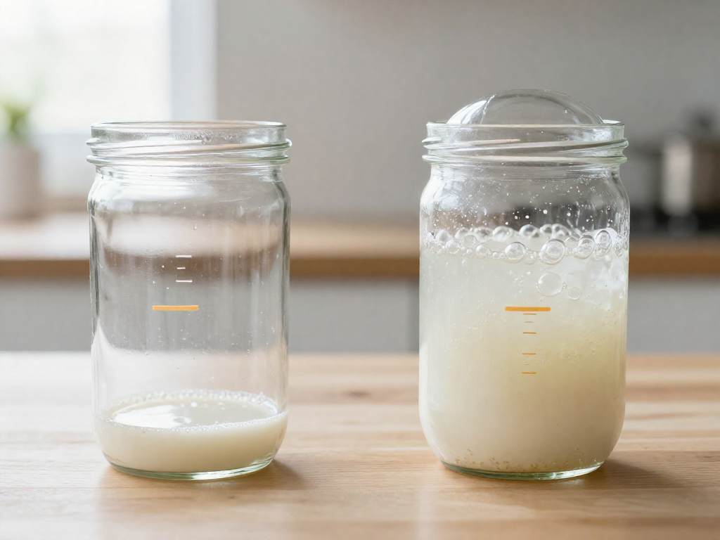 Two glass jars side by side showing a flat sourdough starter next to a doubled bubbly starter with rubber band markers
