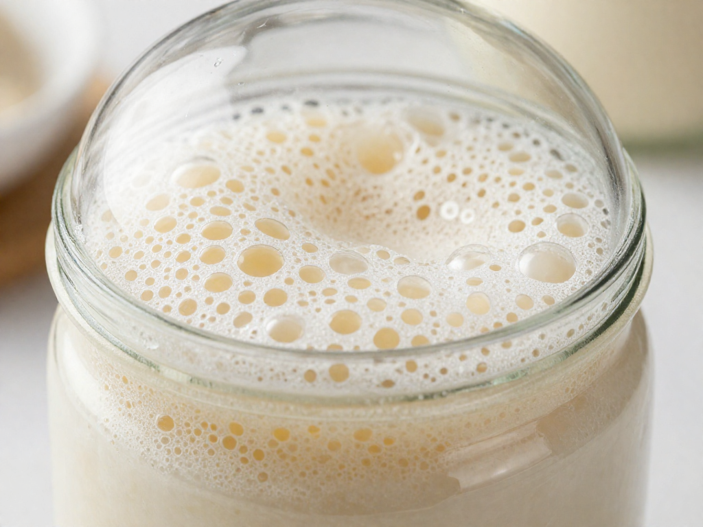 Close-up of a healthy sourdough starter with a domed bubbly surface at peak activity