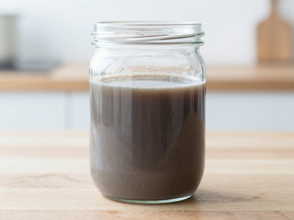 Glass jar showing a layer of hooch liquid on top of a hungry underfed sourdough starter