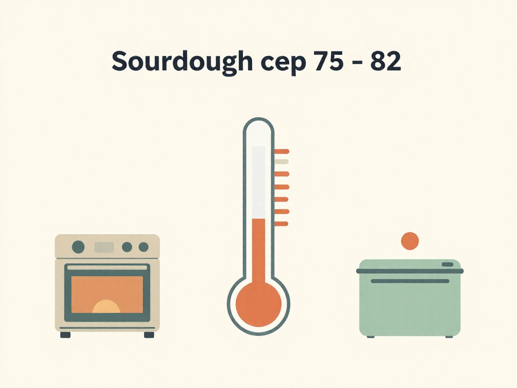 Infographic showing the ideal sourdough starter temperature range of 75 to 82 degrees Fahrenheit with warm-spot ideas