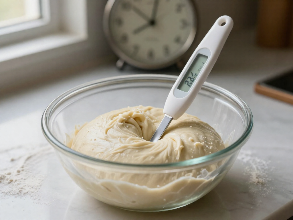 Glass bowl of rising bread dough with a thermometer and a clock in the background.