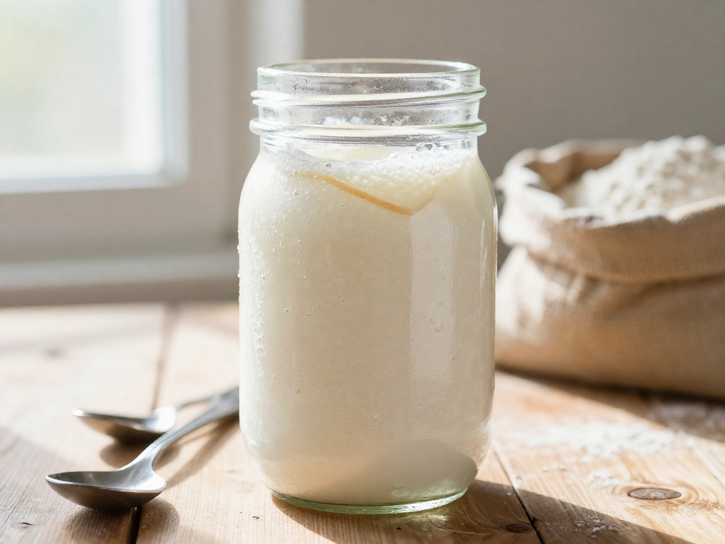Mason jar of bubbly sourdough starter at its peak rise on a wooden table next to a spoon.