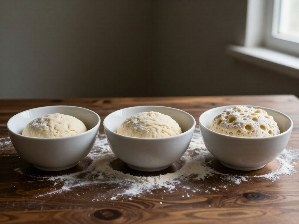 Three bowls of dough at different stages of rising, showing progression from low to high volume.