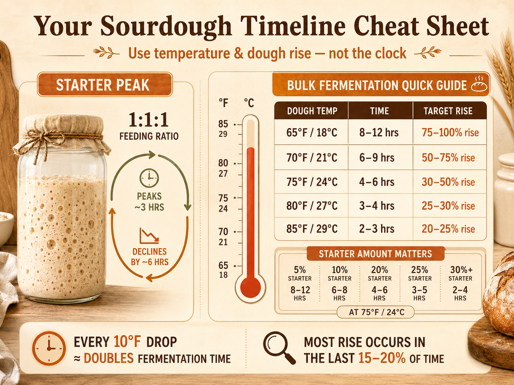 Infographic titled Your Sourdough Timeline Cheat Sheet. Shows starter peak cycle with 1:1:1 feeding: peaks at 3 hours, declines by 6 hours. Bulk fermentation quick guide chart: dough temperatures from 65°F to 85°F with corresponding fermentation times and target dough rise percentages, e.g., 75°F/24°C for 4-6 hours to 30-50% rise. Inset on starter percentage effect on time. Tips: every 10°F drop doubles time, and most rise happens in the last 15-20% of time.